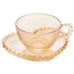 Xicaras Cha Cristal De Chumbo C/Pires Coracao Pearl Ambar 180Ml