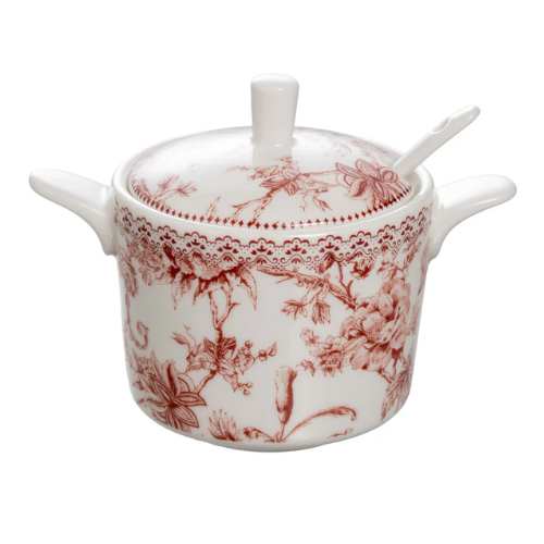 Açucareiro Hortênsia em new bone china com colher 280ml D14,2xA10,6cm bordô